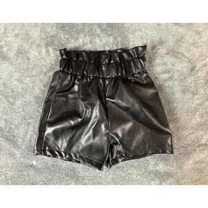 NWOT SHEIN Black Faux Leather High Waist Girls Paperbag Shorts Elastic Waist